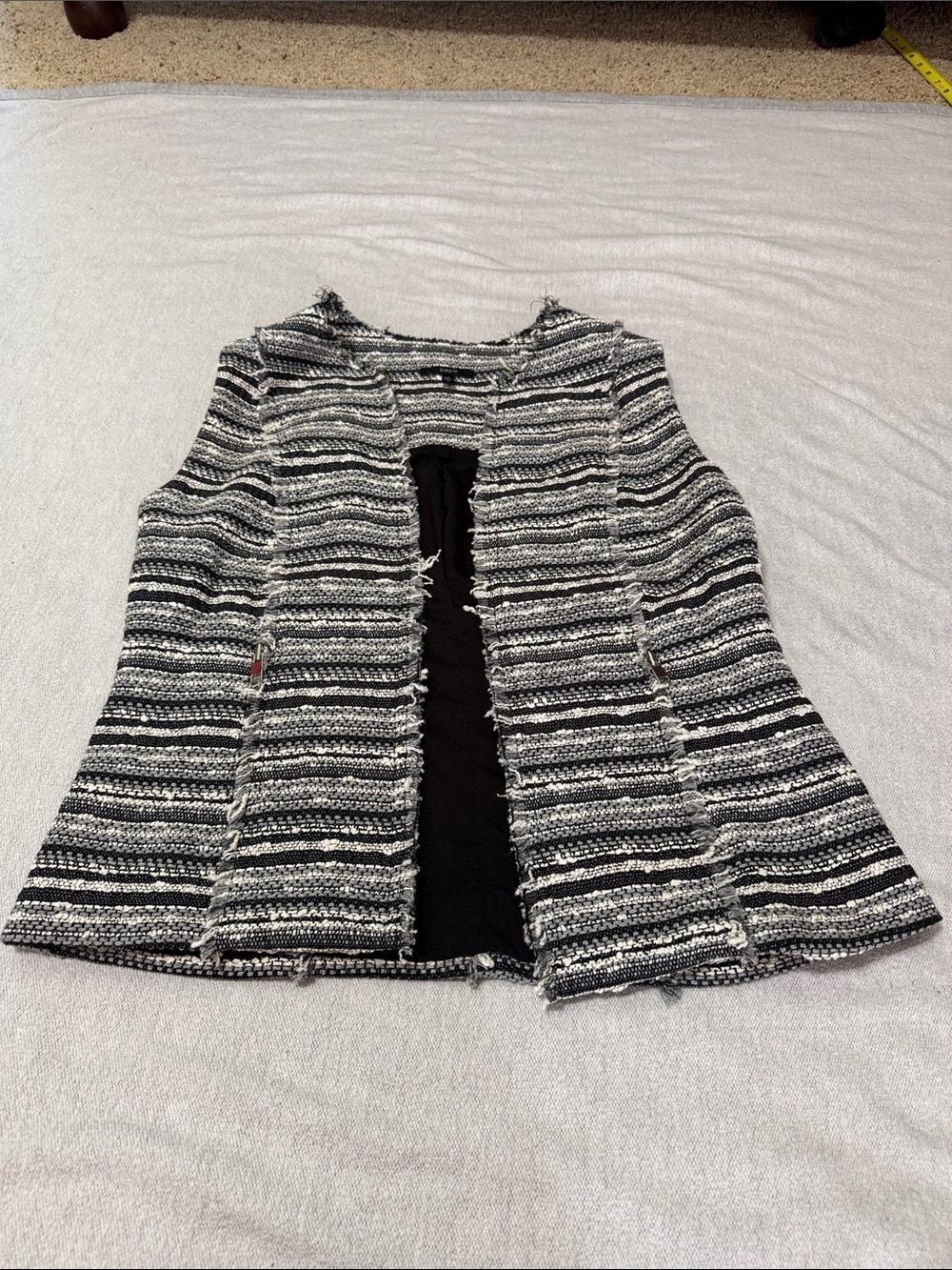 DREW Black and White Bouclé-Texture Open Front Vest